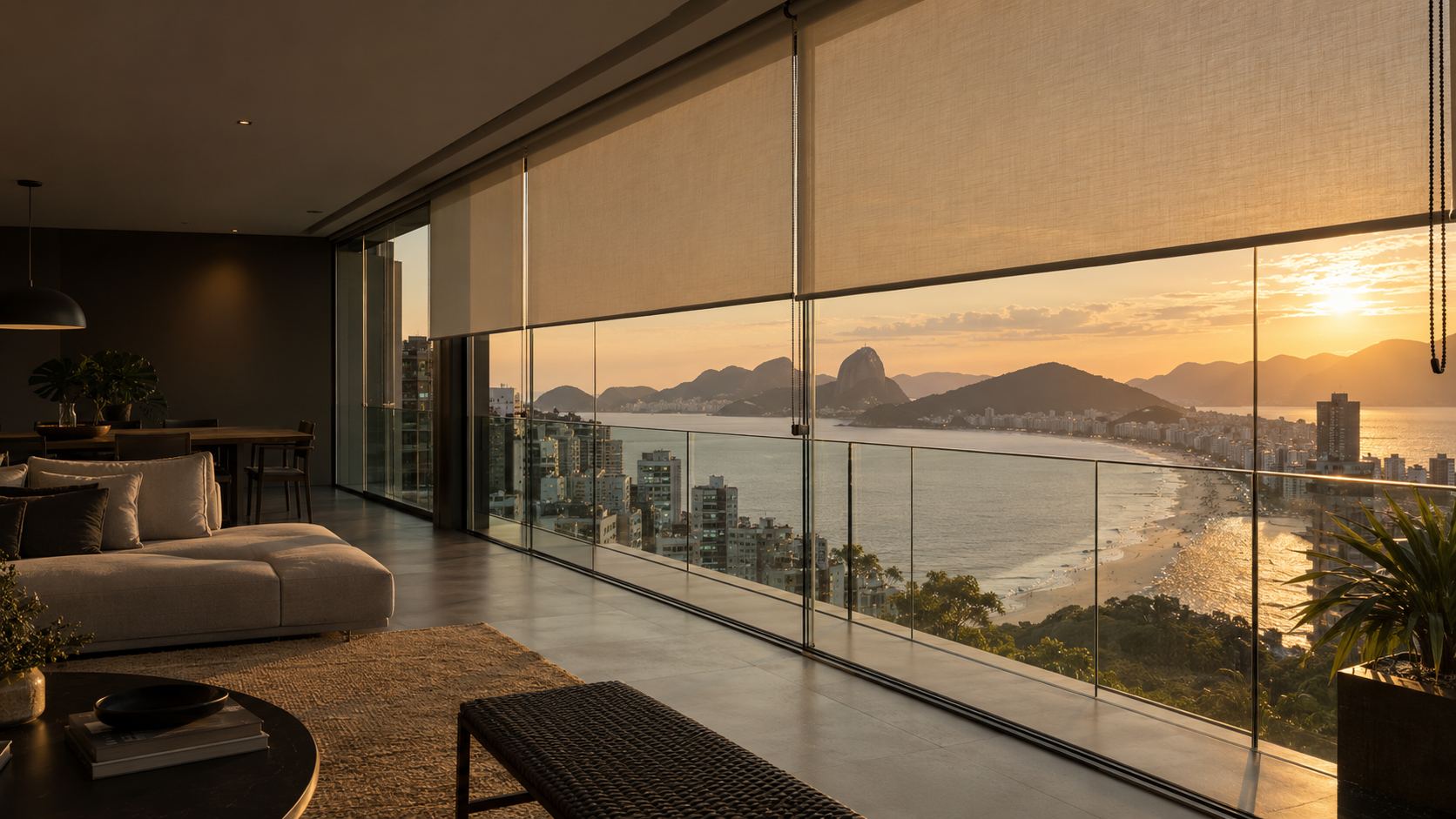 Ambiente com cortina de vidro e persianas sob medida